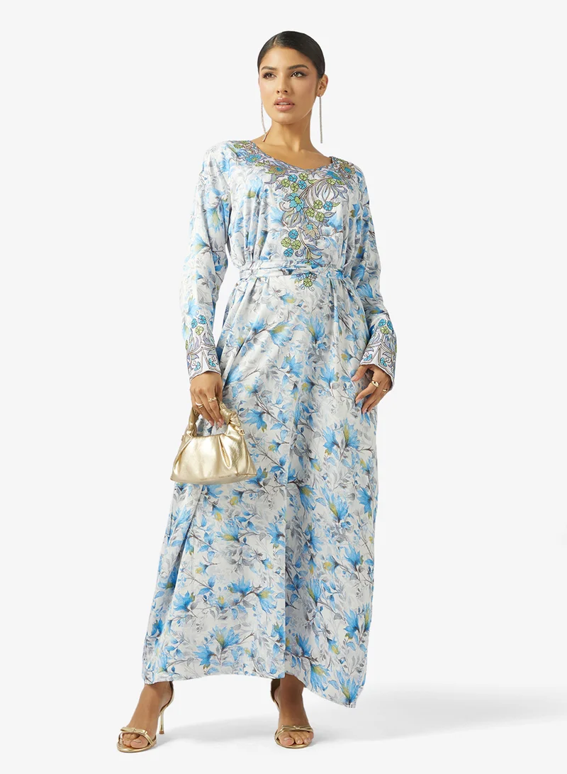 hayas closet  Floral printed Belted Jalabiya for Women | Best Price UAE